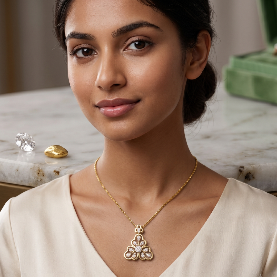 A woman wearing a gold pendant necklace with a floral trellis design set with clear stones, shown in a close-up portrait. The necklace is displayed against her collarbone, with a marble surface and jewelry pieces in the background.