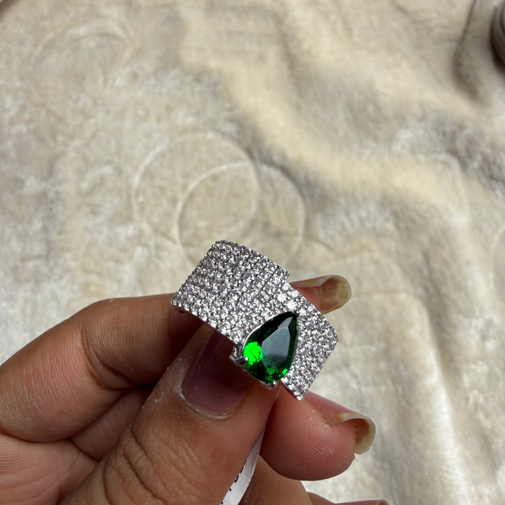 Green pear gemstone and pavé lab-grown diamond statement ring by Kiashaa Jewellery.