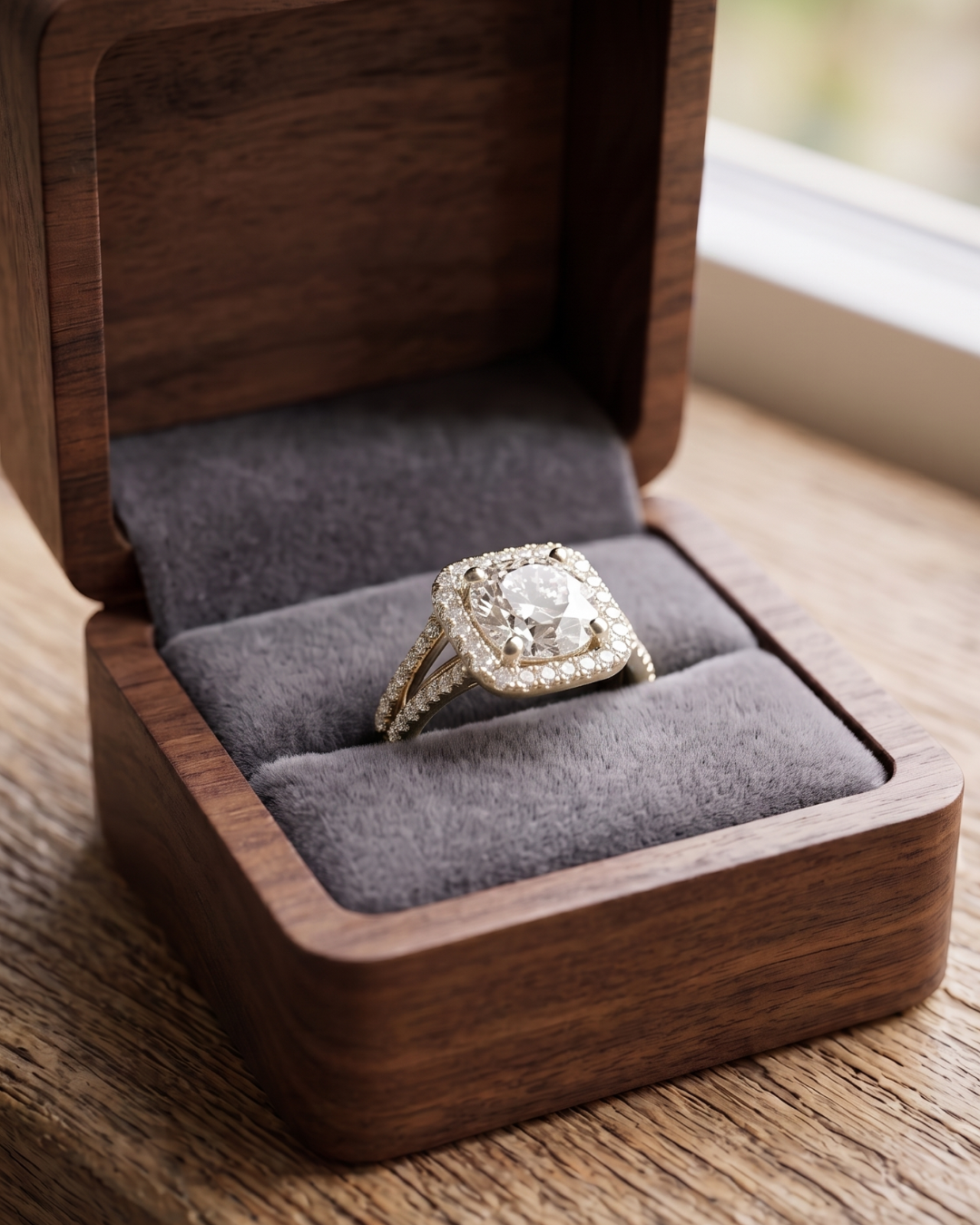 2.82 carat round lab-grown diamond ring by Kiashaa Jewellery with a halo setting and polished rose gold band.