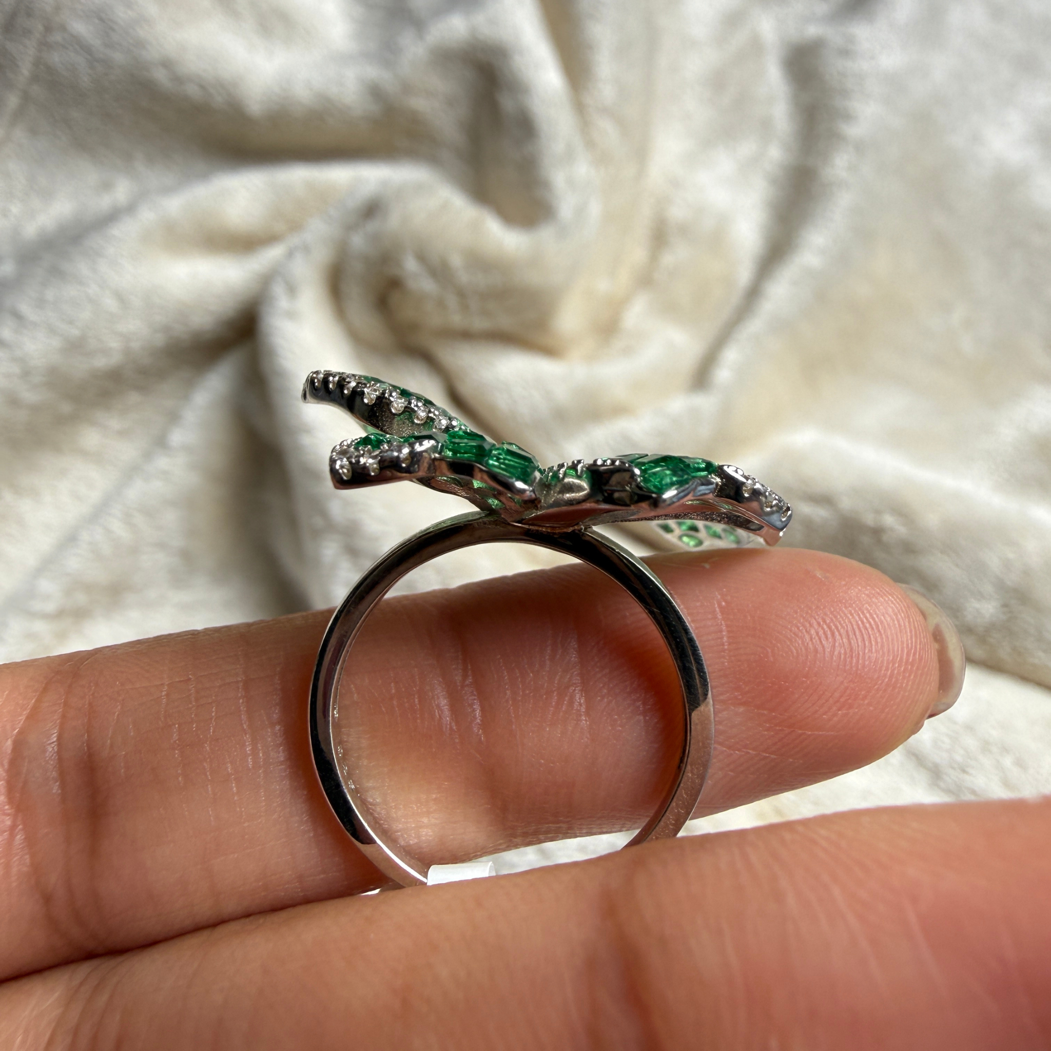 Green CZ butterfly and lab-grown diamond statement ring by Kiashaa Jewellery.