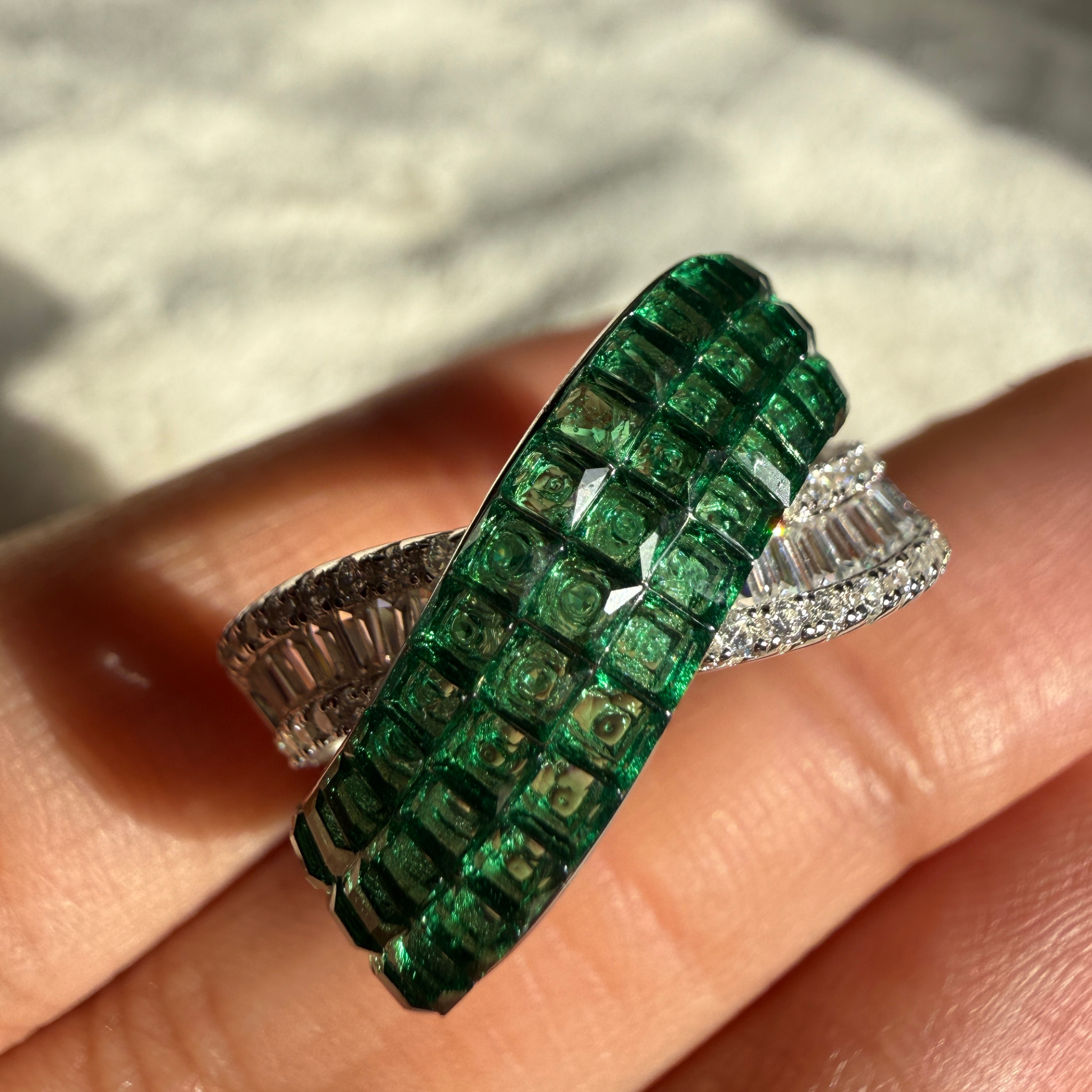Green CZ and lab-grown diamond bypass statement ring by Kiashaa Jewellery.