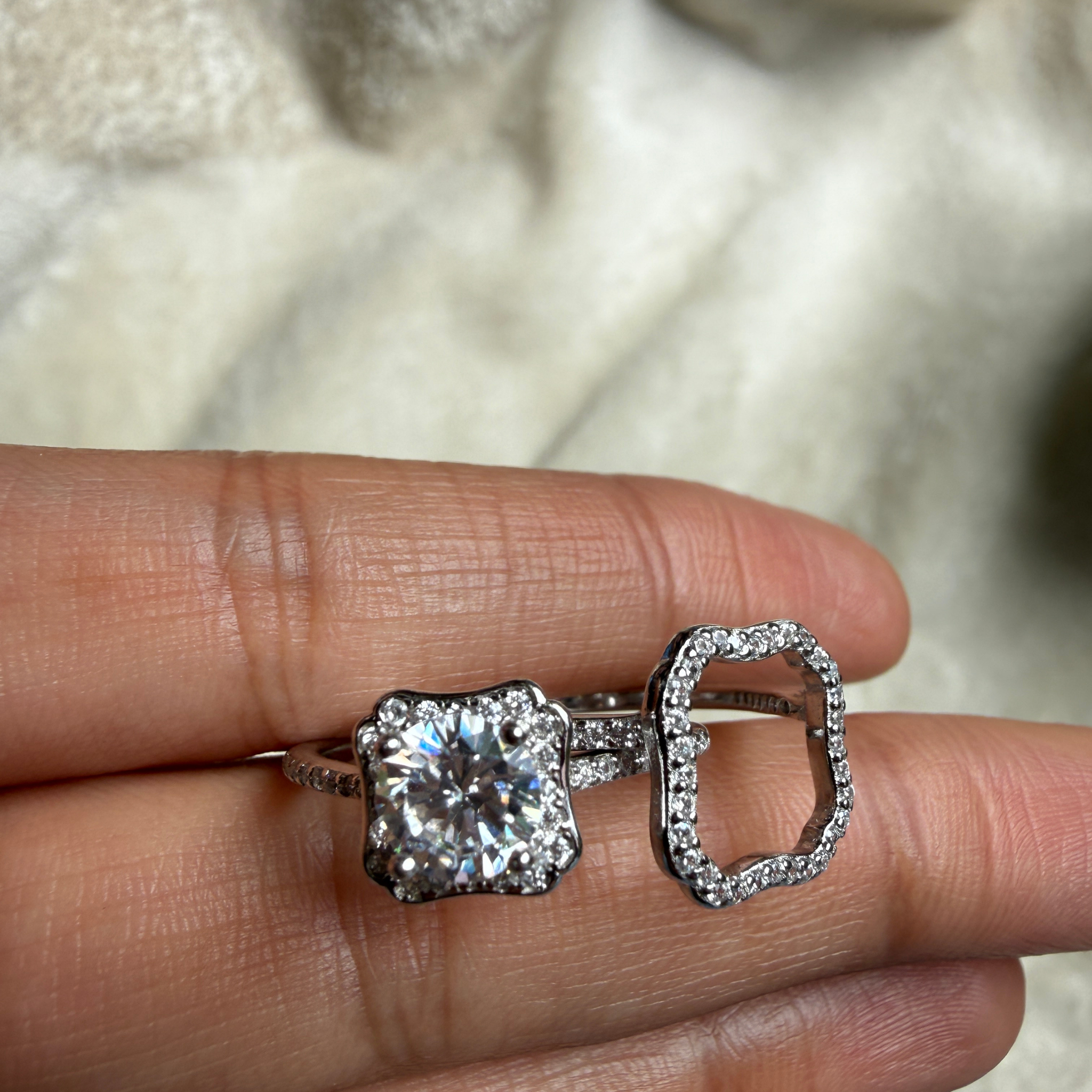Round halo lab-grown diamond engagement ring in white gold by Kiashaa Jewellery.