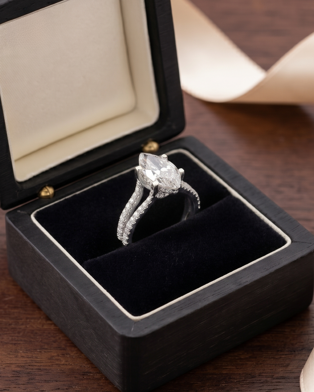 Premium marquise lab-grown diamond ring by Kiashaa Jewellery in rose gold with sparkling round diamonds for women.