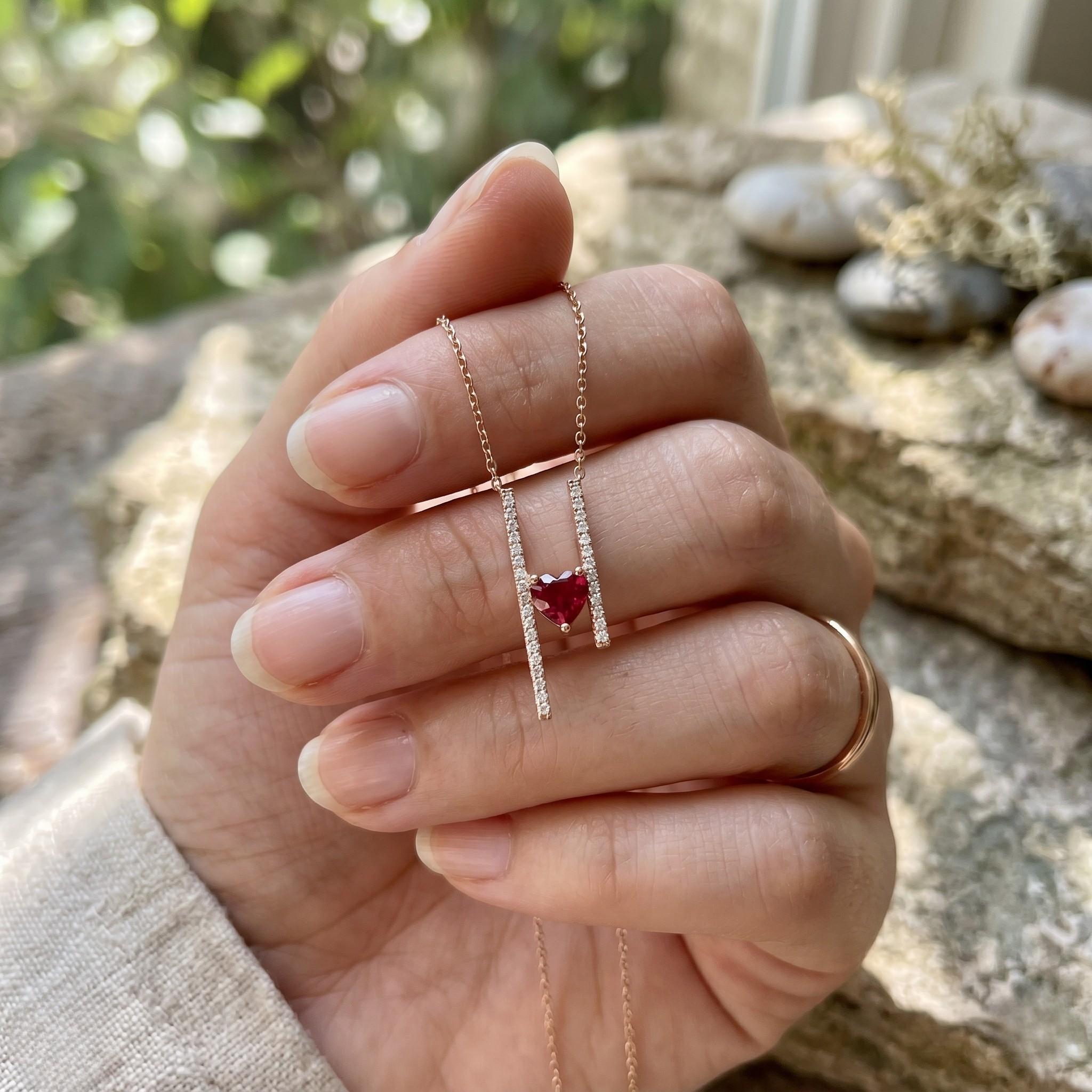 Red heart gemstone and lab-grown diamond pendant necklace by Kiashaa Jewellery in rose gold.