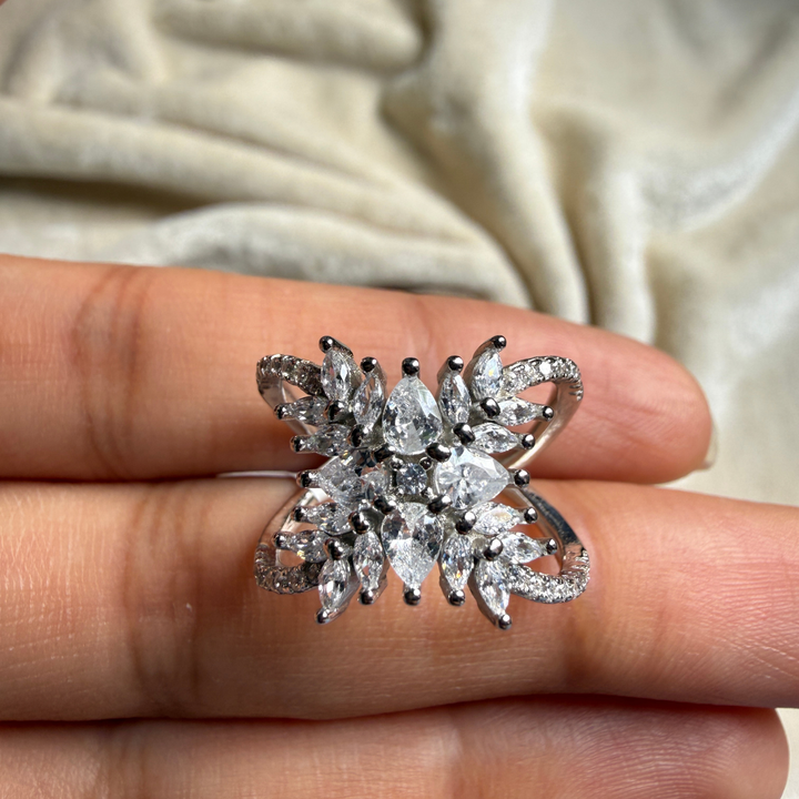 Pear and marquise floral lab-grown diamond statement ring by Kiashaa Jewellery.