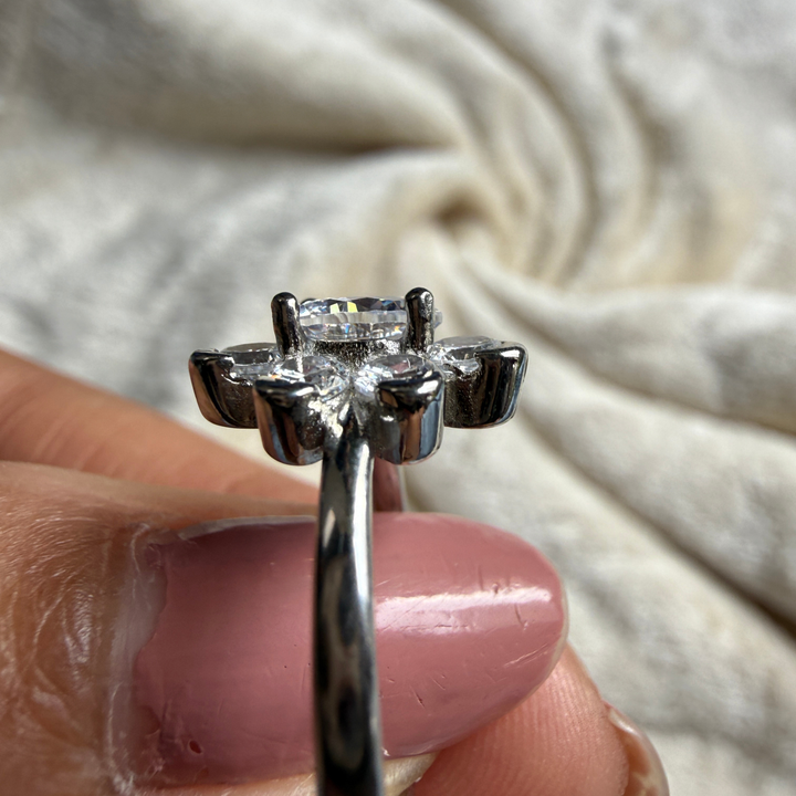 Round floral lab-grown diamond cluster ring in white gold by Kiashaa Jewellery.