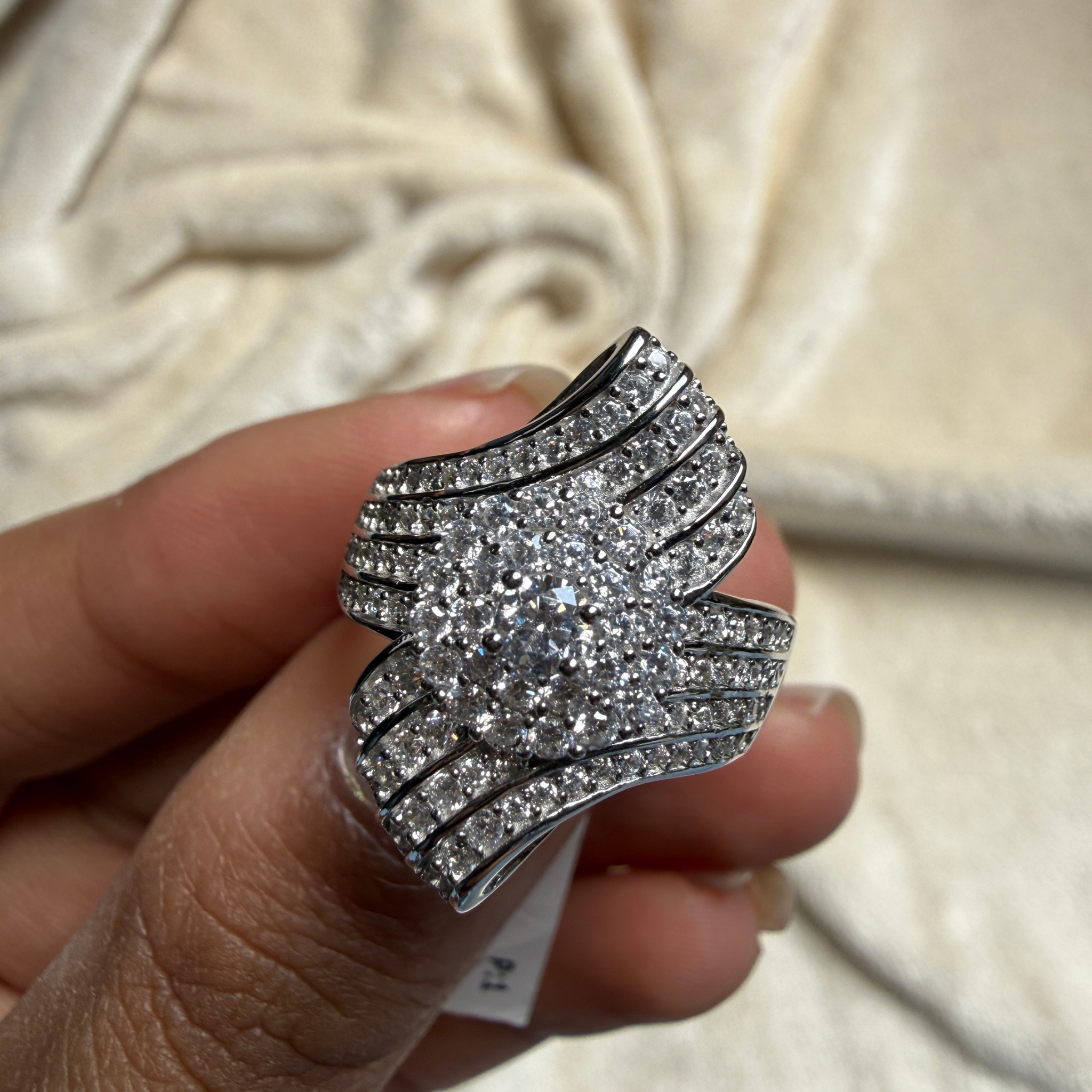 Round lab-grown diamond multi-row statement ring by Kiashaa Jewellery.