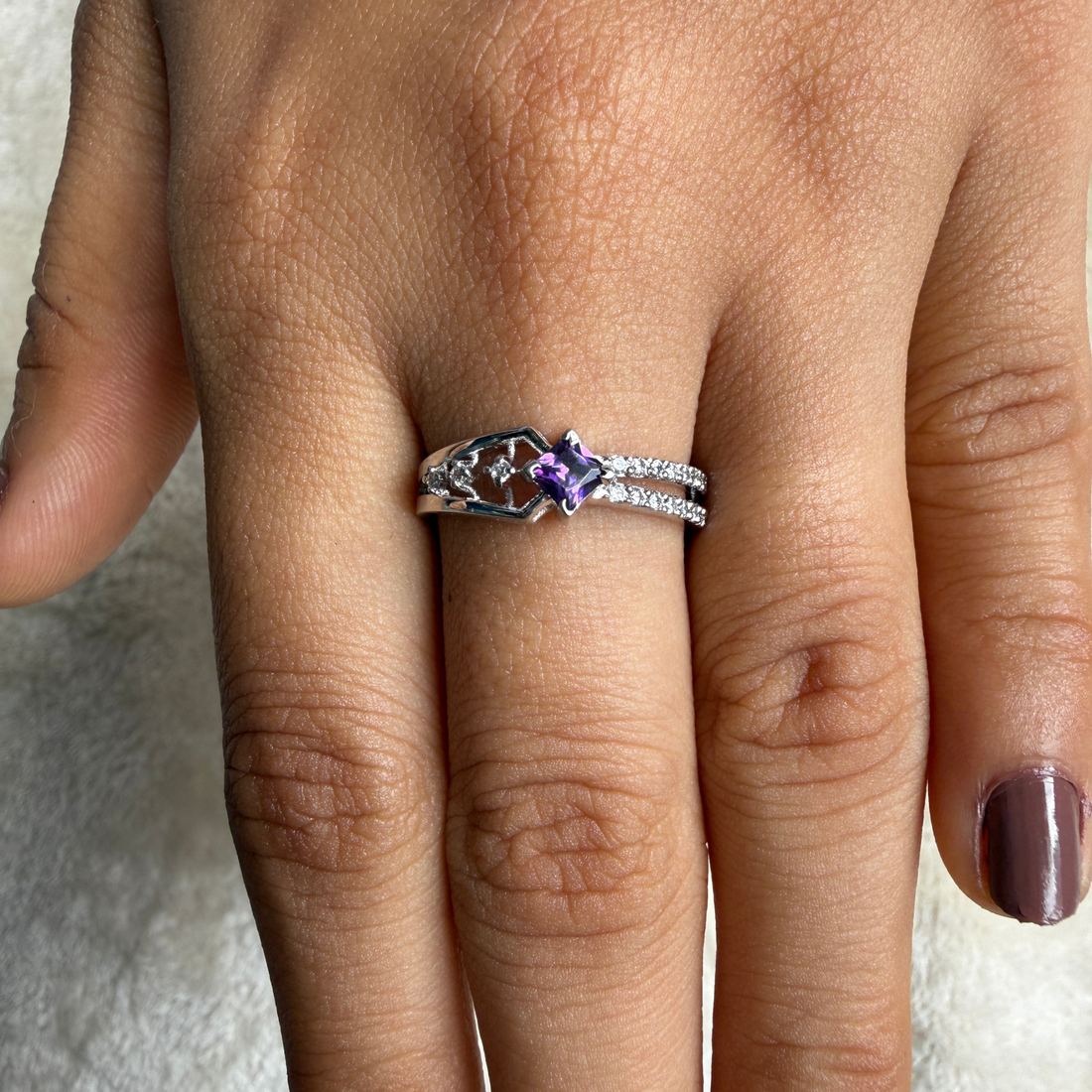 Blue princess-cut gemstone and lab-grown diamond ring by Kiashaa Jewellery.