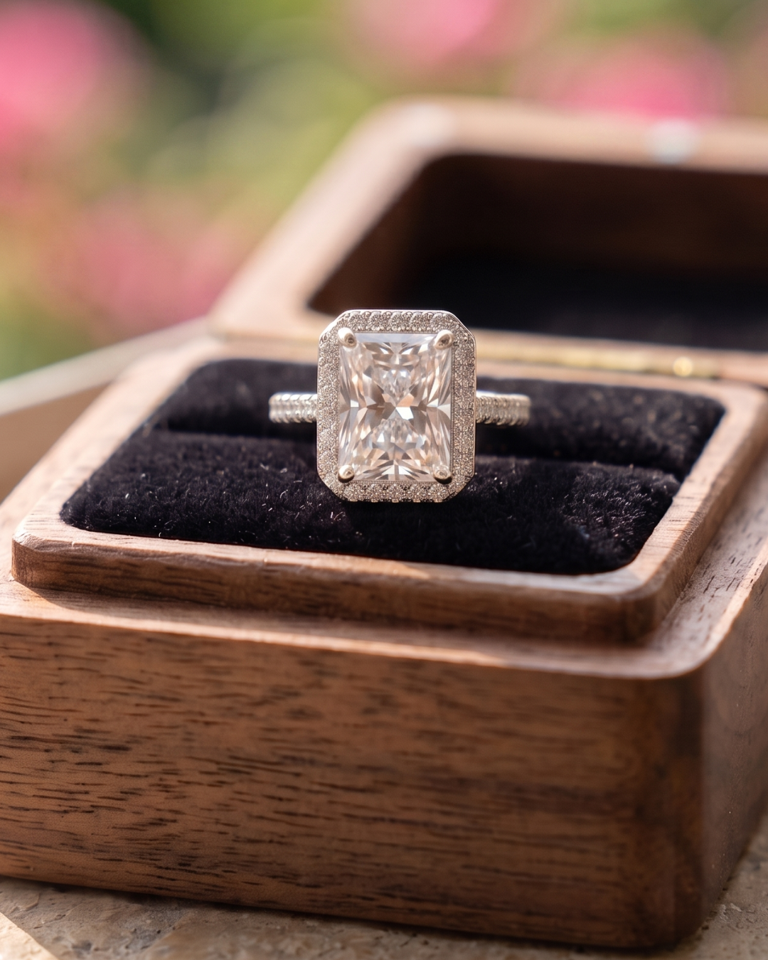 Premium radiant and round diamond halo ring by Kiashaa Jewellery in rose gold with a graceful ladies design.