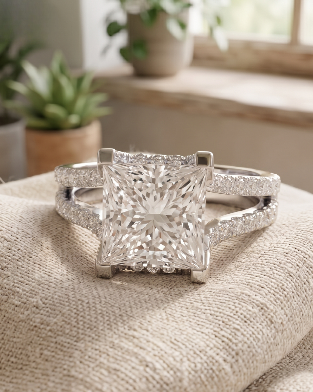 Close-up of a princess-cut lab-grown diamond ring by Kiashaa Jewellery with round accents and a high-polish rose gold finish.