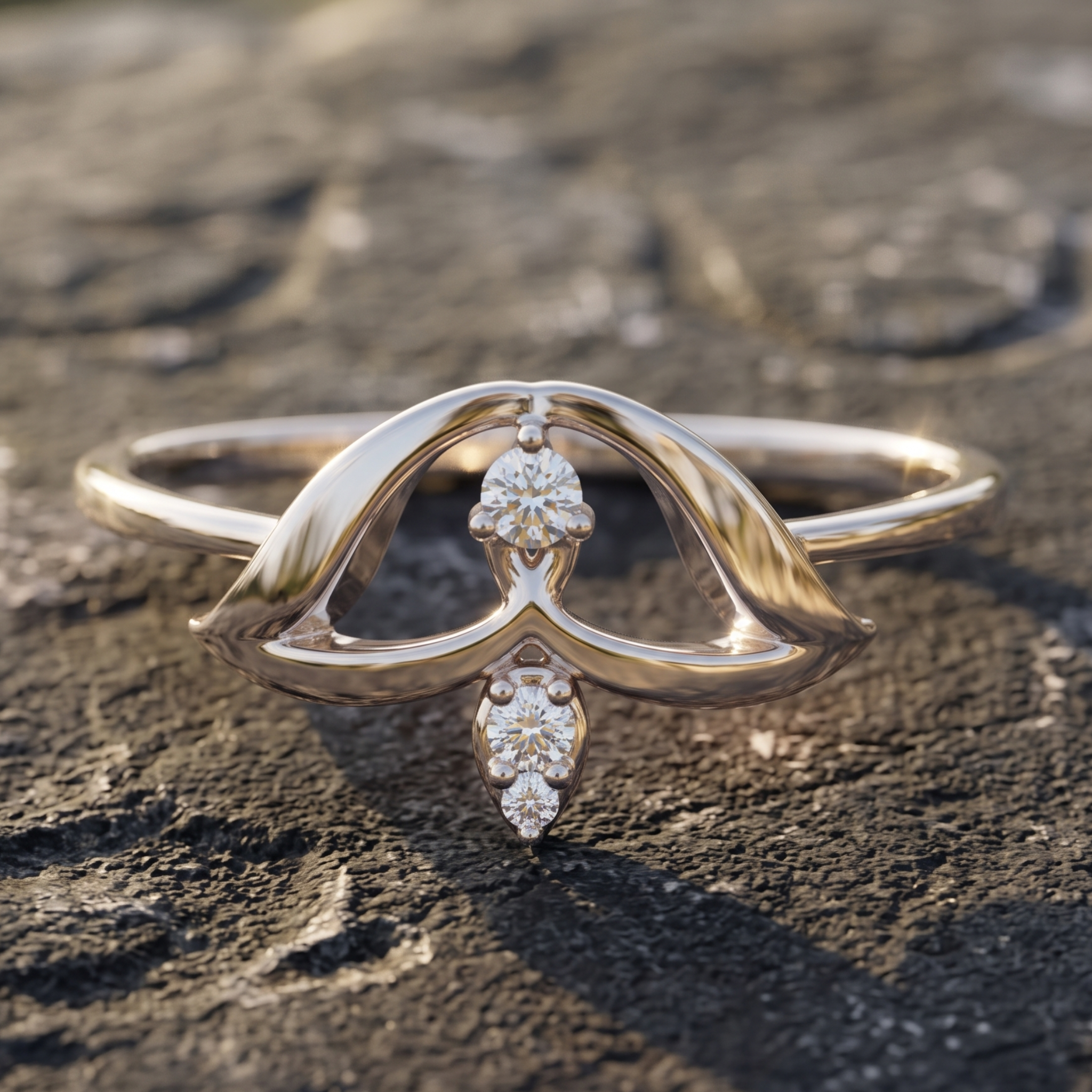 A polished yellow gold ring with a sculptural, flowing openwork design and small diamond accents, resting on a textured dark stone surface.