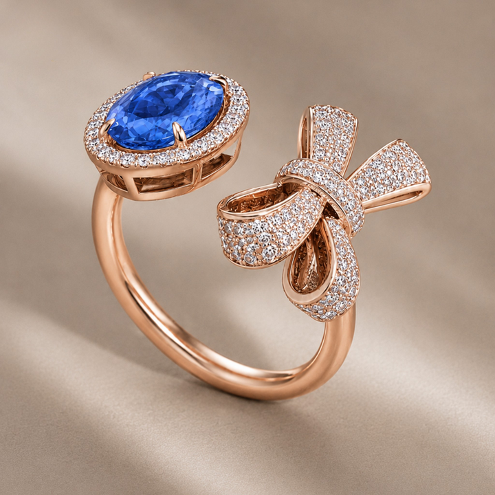 A rose gold ring featuring a large oval blue sapphire gemstone surrounded by a halo of small clear stones, with a pavé-set bow motif on the band, set against a soft beige background.