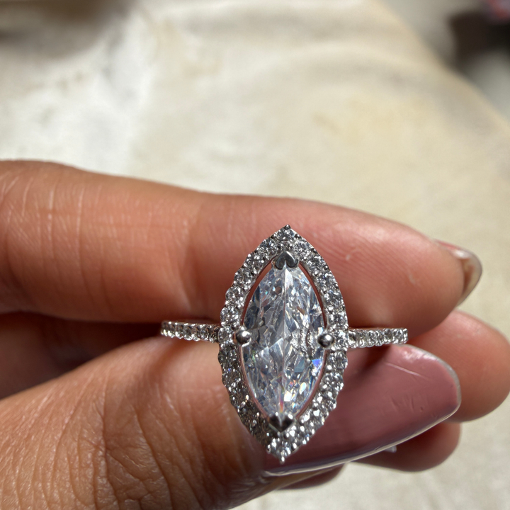 Marquise halo lab-grown diamond engagement ring in white gold by Kiashaa Jewellery.