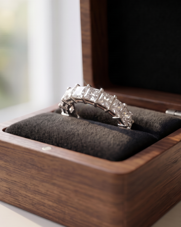 4 carat princess-cut eternity ring by Kiashaa Jewellery in 18K gold with continuous lab-grown diamonds.