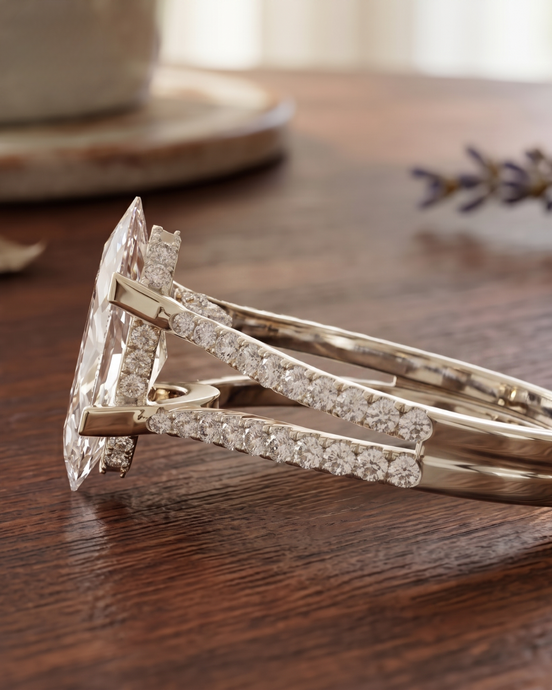 Premium marquise lab-grown diamond ring by Kiashaa Jewellery in rose gold with sparkling round diamonds for women.