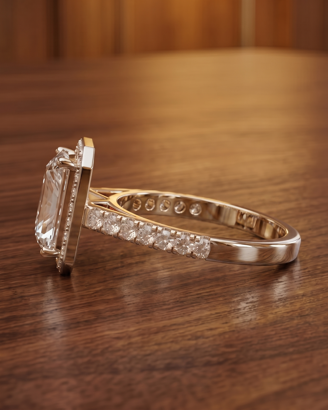 Premium radiant and round diamond halo ring by Kiashaa Jewellery in rose gold with a graceful ladies design.
