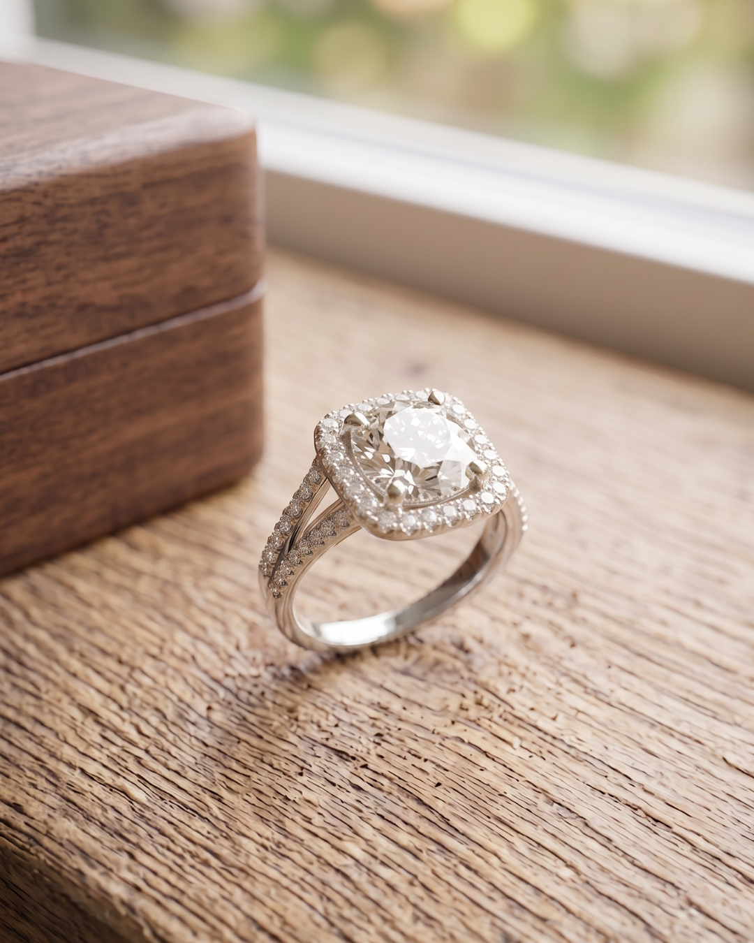 2.82 carat round lab-grown diamond ring by Kiashaa Jewellery with a halo setting and polished rose gold band.