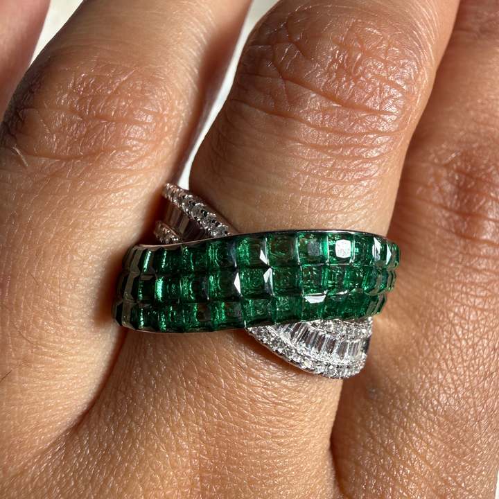 Green CZ and lab-grown diamond bypass statement ring by Kiashaa Jewellery.