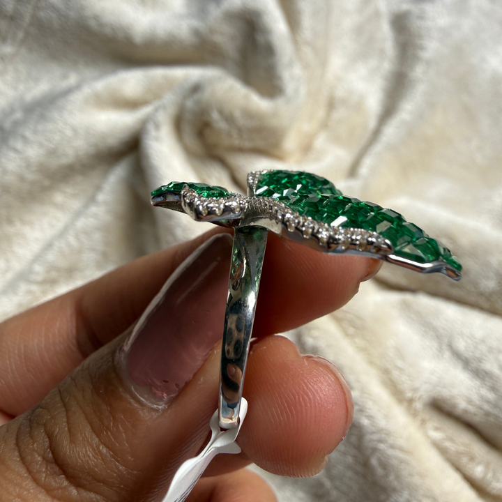 Green CZ butterfly and lab-grown diamond statement ring by Kiashaa Jewellery.