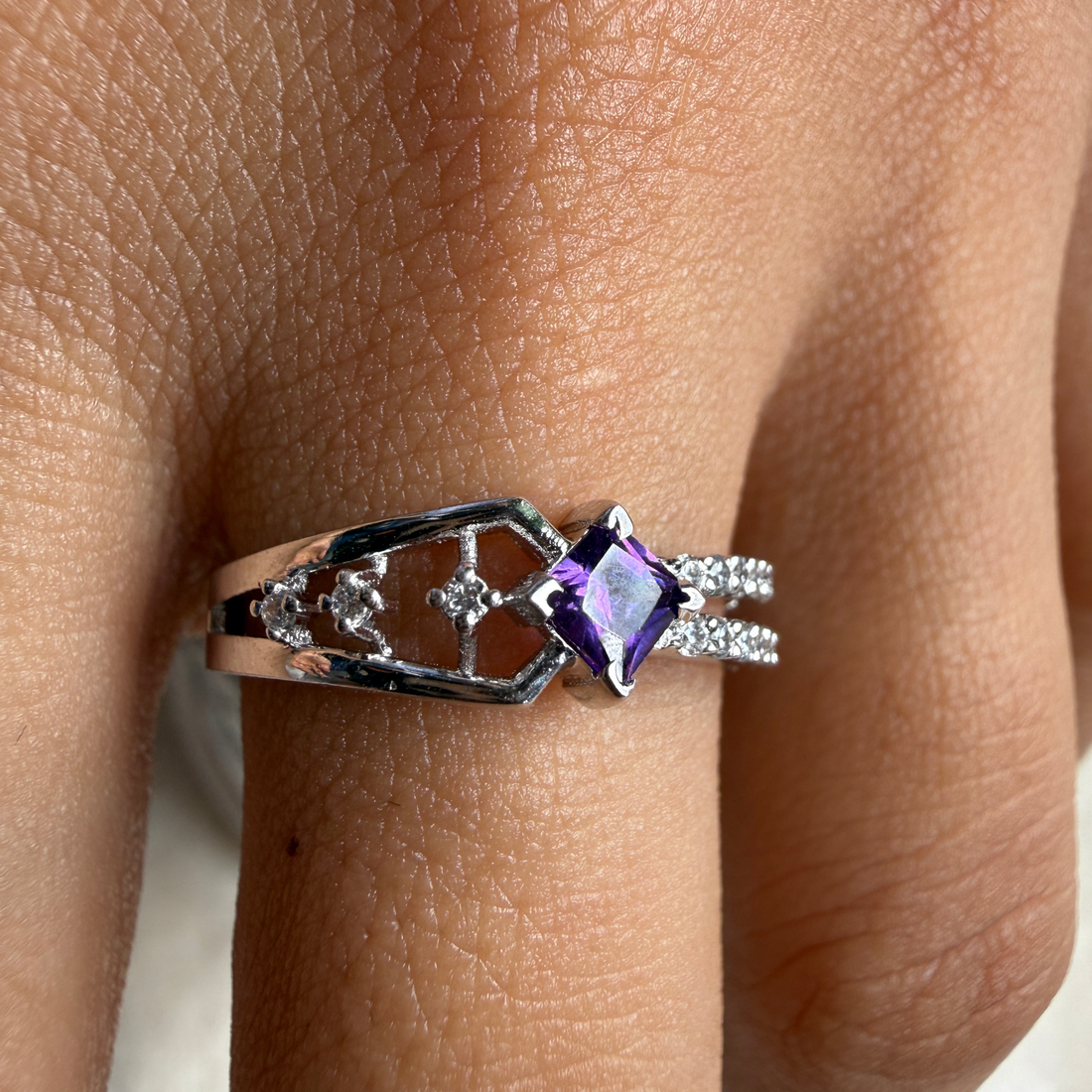Blue princess-cut gemstone and lab-grown diamond ring by Kiashaa Jewellery.