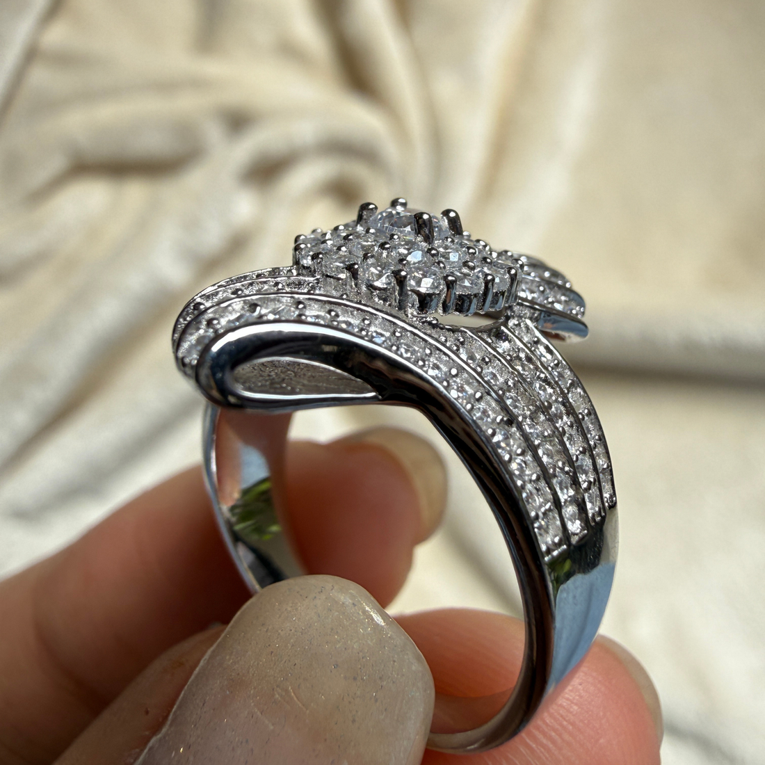 Round lab-grown diamond multi-row statement ring by Kiashaa Jewellery.
