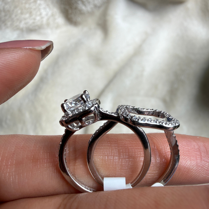 Round halo lab-grown diamond engagement ring in white gold by Kiashaa Jewellery.