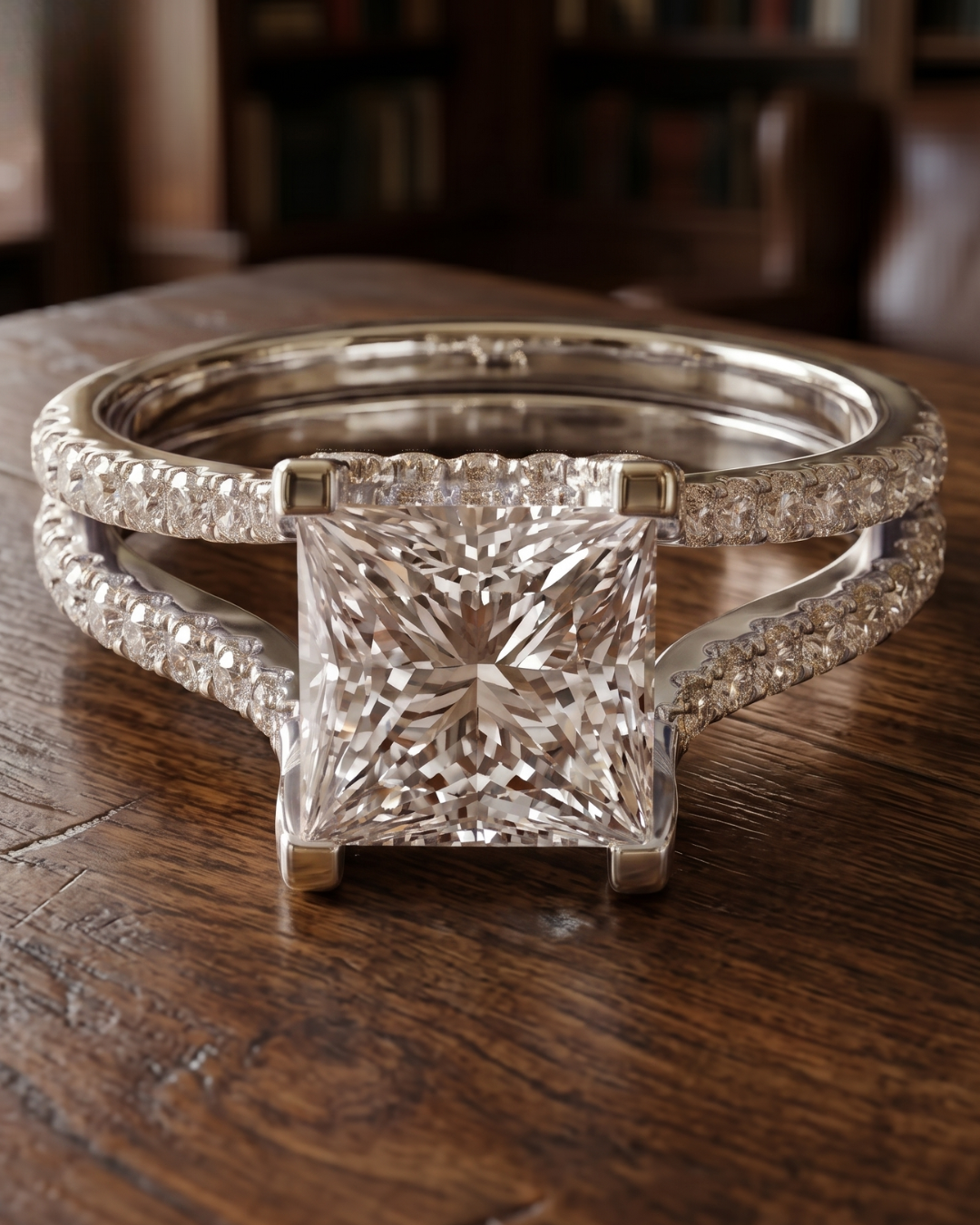 Close-up of a princess-cut lab-grown diamond ring by Kiashaa Jewellery with round accents and a high-polish rose gold finish.