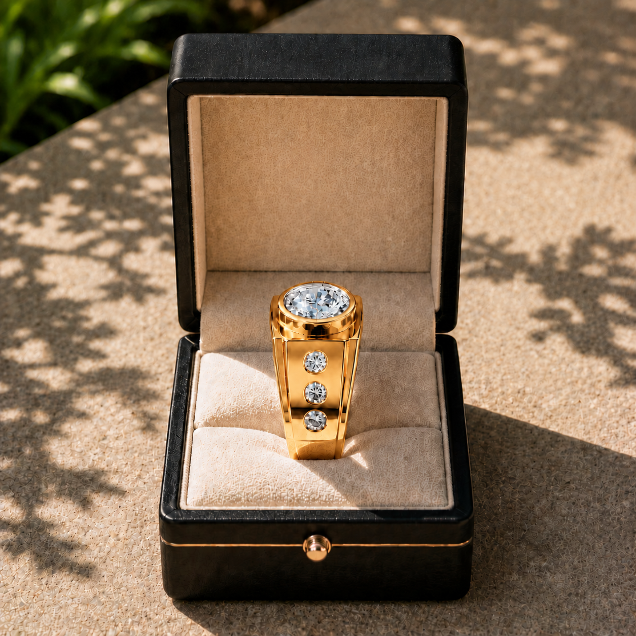 A gold ring with a large round clear gemstone and three smaller side stones, displayed in an open black jewelry box on a sunlit stone surface outdoors.