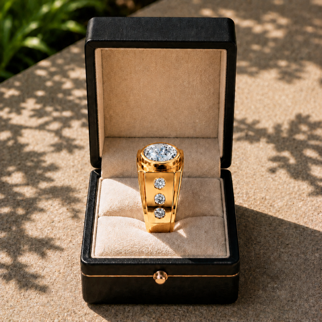 A gold ring with a large round clear gemstone and three smaller side stones, displayed in an open black jewelry box on a sunlit stone surface outdoors.