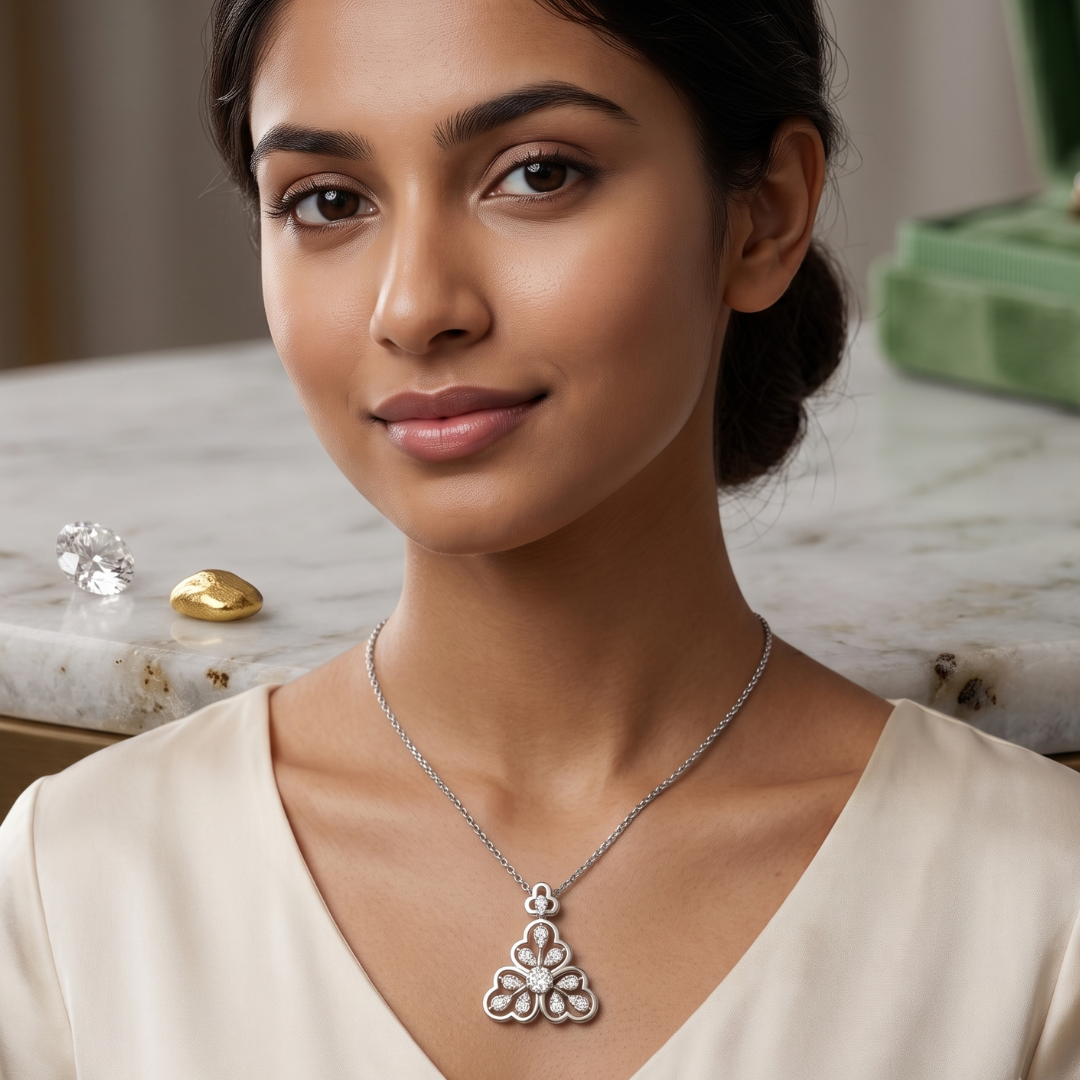 A woman wearing a silver floral pendant necklace, shown in a close-up portrait. The necklace features a silver chain and a detailed pendant with a floral motif.
