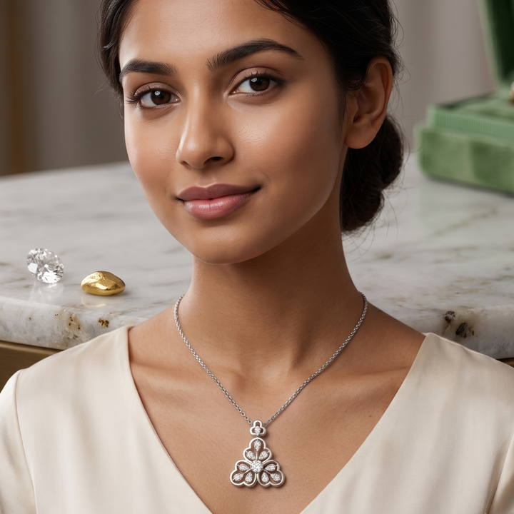 A woman wearing a silver floral pendant necklace, shown in a close-up portrait. The necklace features a silver chain and a detailed pendant with a floral motif.