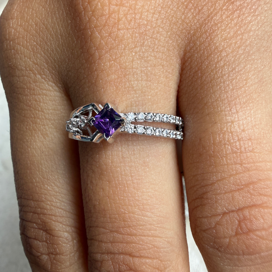 Blue princess-cut gemstone and lab-grown diamond ring by Kiashaa Jewellery.