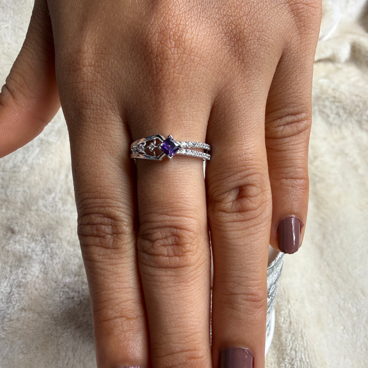 Blue princess-cut gemstone and lab-grown diamond ring by Kiashaa Jewellery.