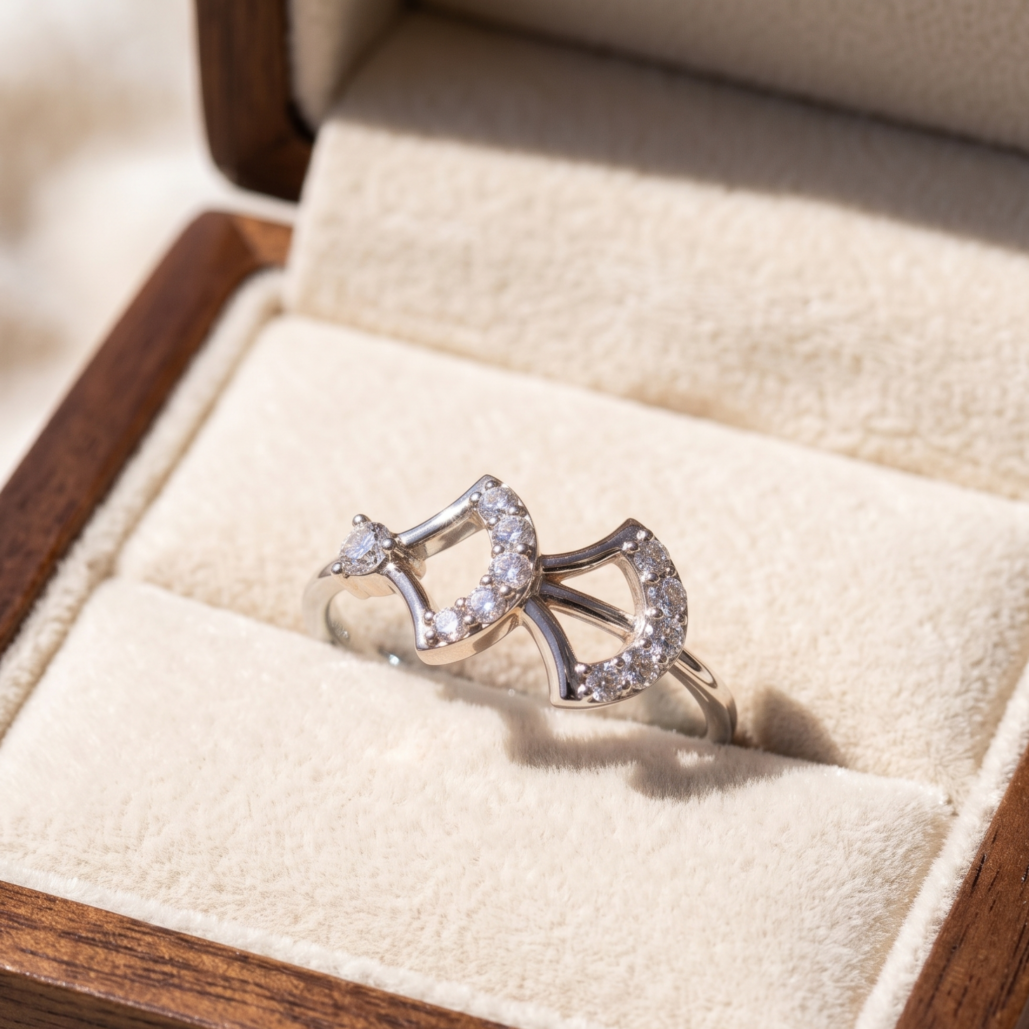 A silver ring with clear gemstones in an open cream velvet jewelry box.