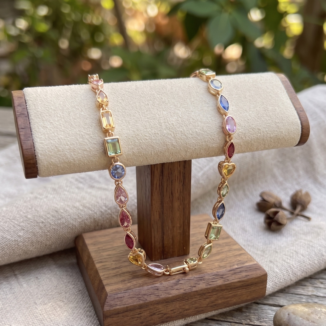 Colorful gemstone bracelet available in white, yellow and rose gold.