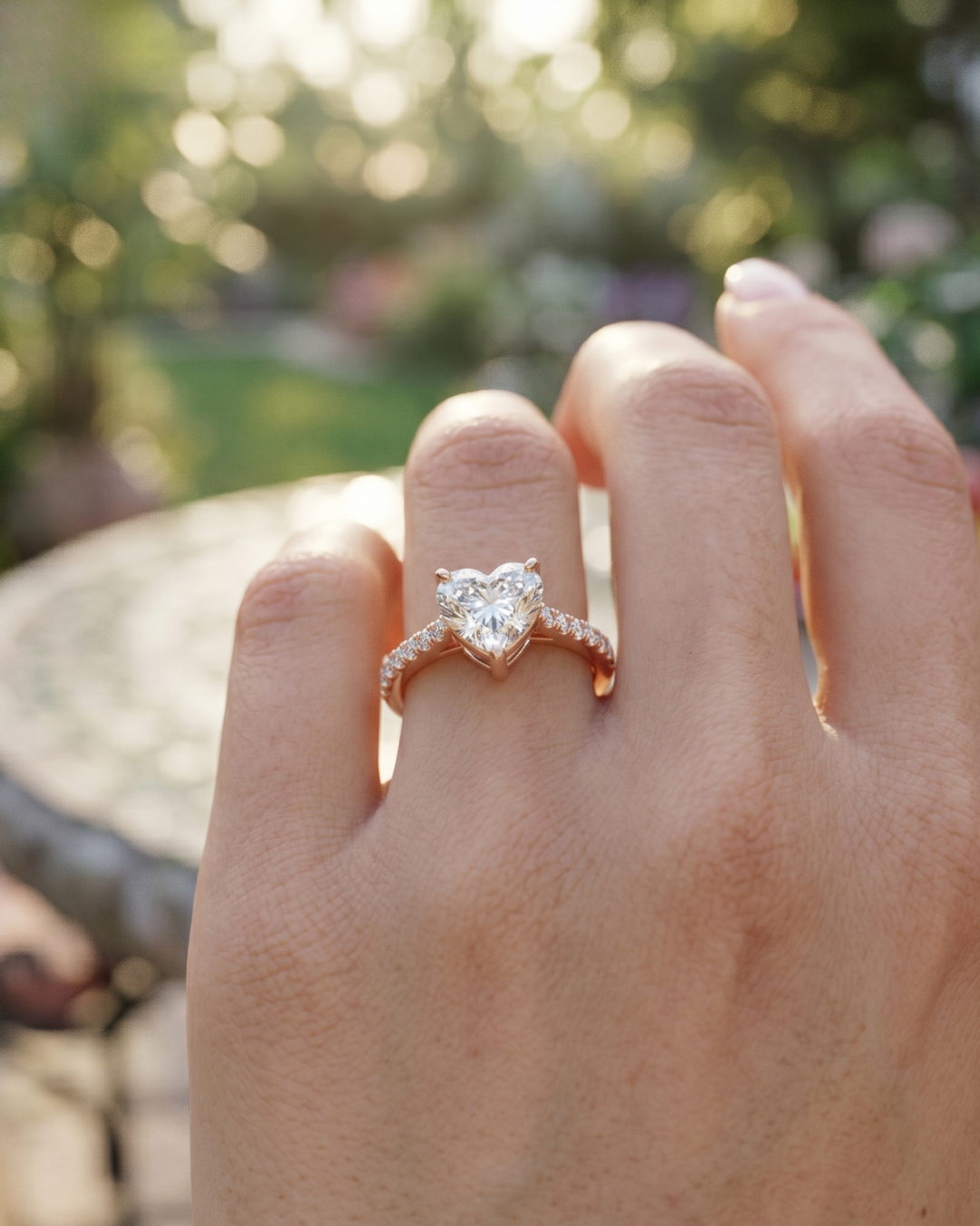 2.804 carat heart lab-grown diamond ring by Kiashaa Jewellery in rose gold with round diamond band accents.