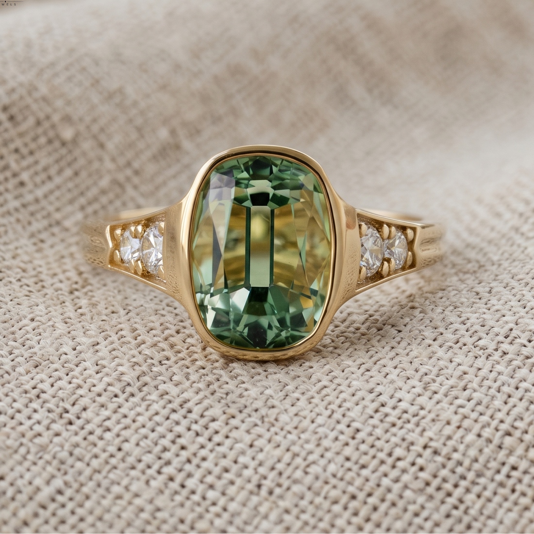 3.19 CT green cushion and round diamond ring in yellow gold