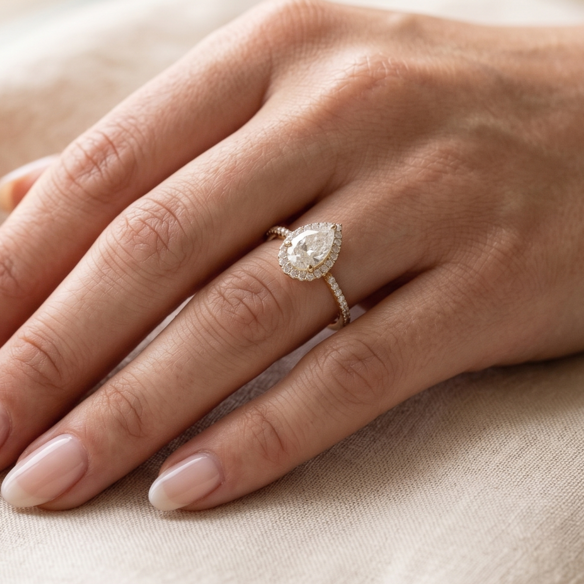 A close-up of a hand wearing a pear-cut halo ring in a yellow gold setting with small pavé diamonds. The ring is shown on a finger against a soft beige fabric background.