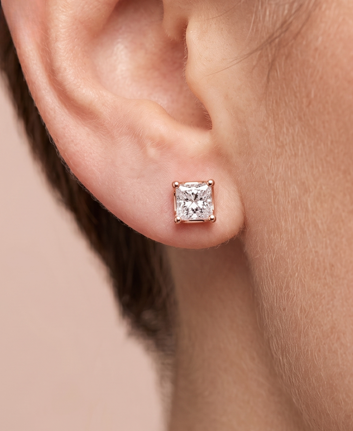0.500 CTW princess cut lab-grown diamond stud earrings in rose gold by Kiashaa Jewellery.