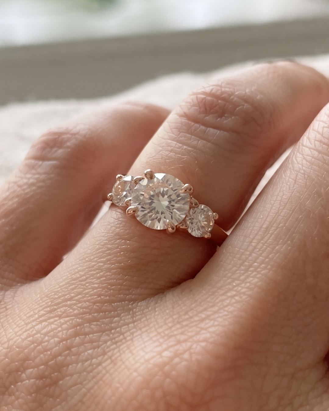 1.5 CT round and oval lab-grown diamond three-stone ring by Kiashaa Jewellery in polished rose gold.