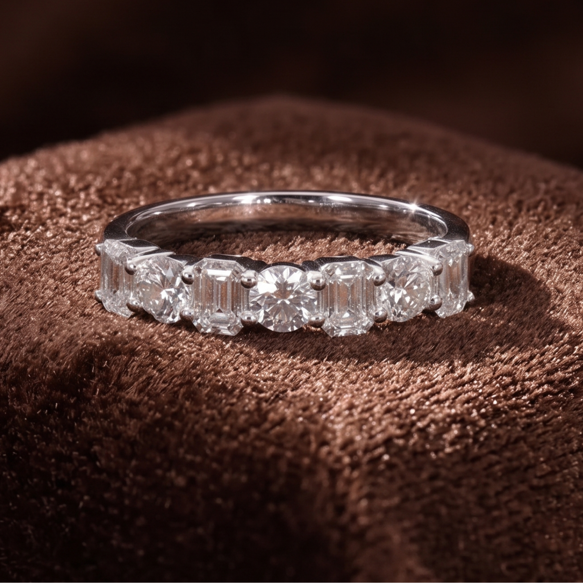 1.41 CT emerald and round diamond seven-stone wedding band
