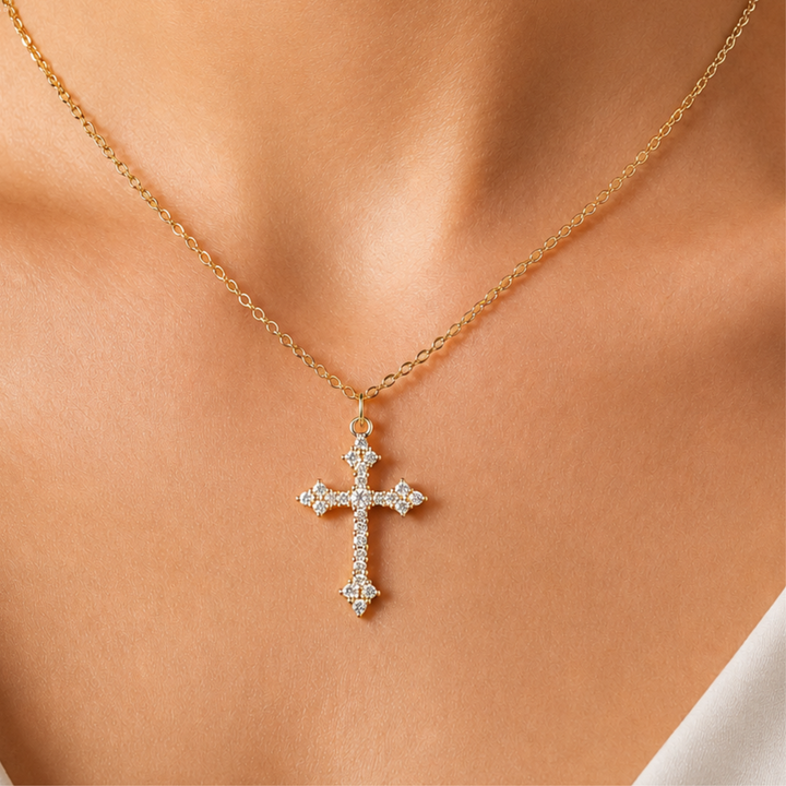 Round diamond cross pendant necklace by Kiashaa Jewellery in polished yellow gold.