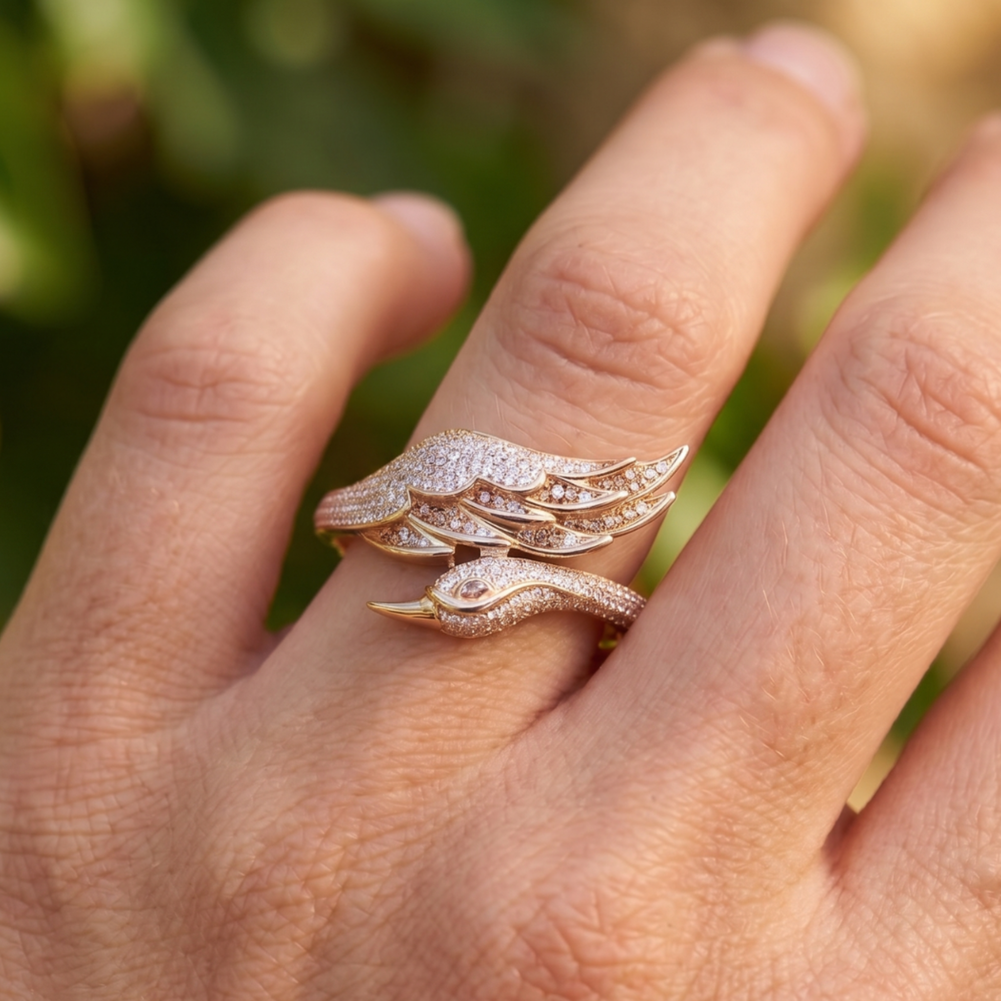 Celeste Swan Wing 2 CTW diamond open ring by Kiashaa Jewellery in rose gold with a bird-inspired wing and head design.