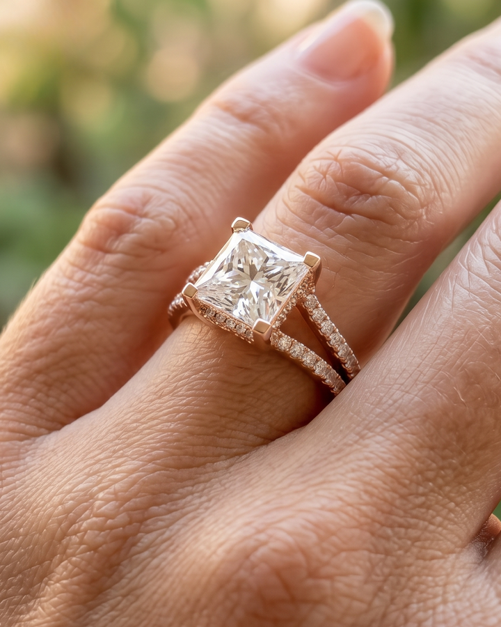 2 carat princess-cut lab-grown diamond ring by Kiashaa Jewellery in rose gold with a sparkling split-shank design.