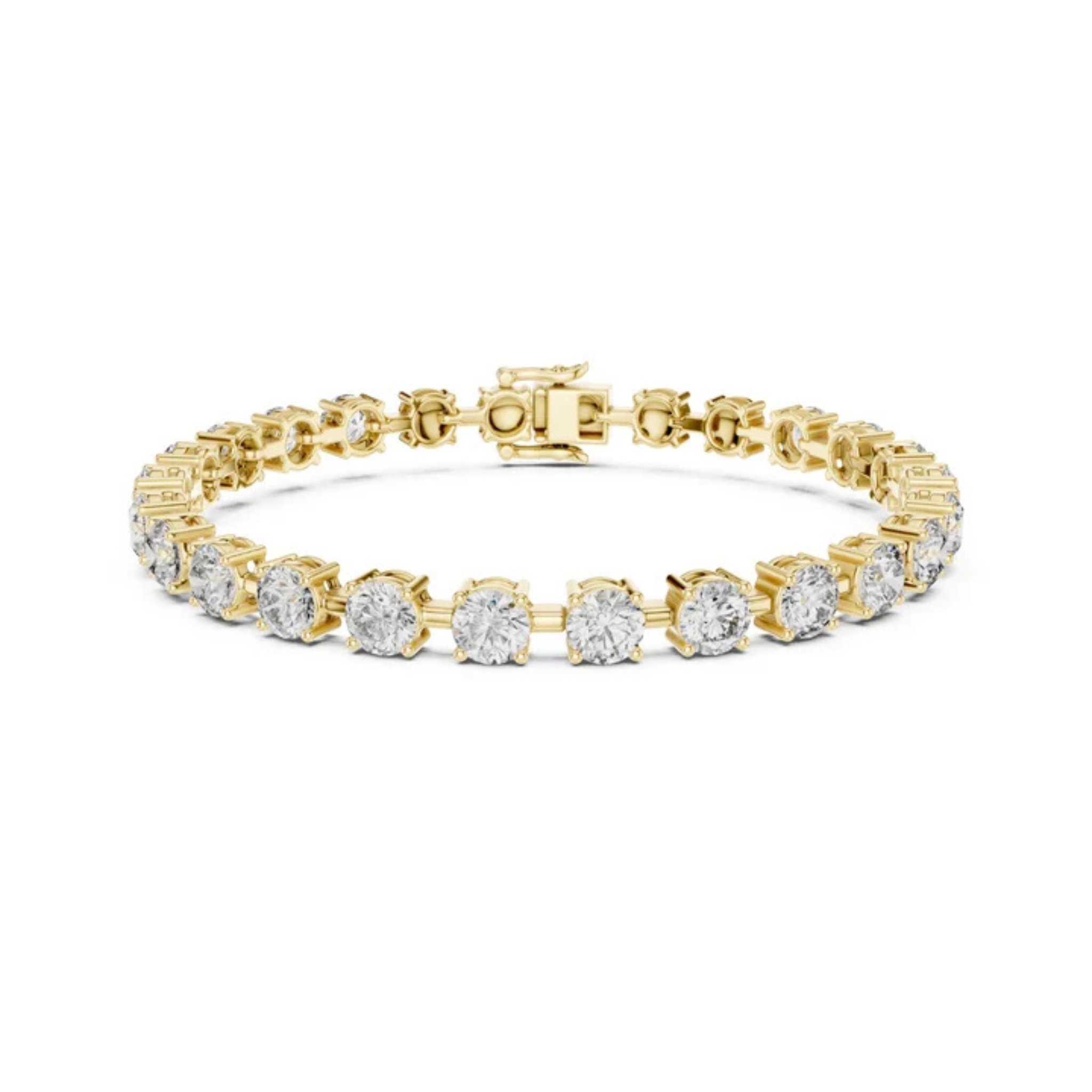A yellow gold tennis bracelet featuring round-cut clear gemstones in a classic solitaire setting, displayed against a solid white background.