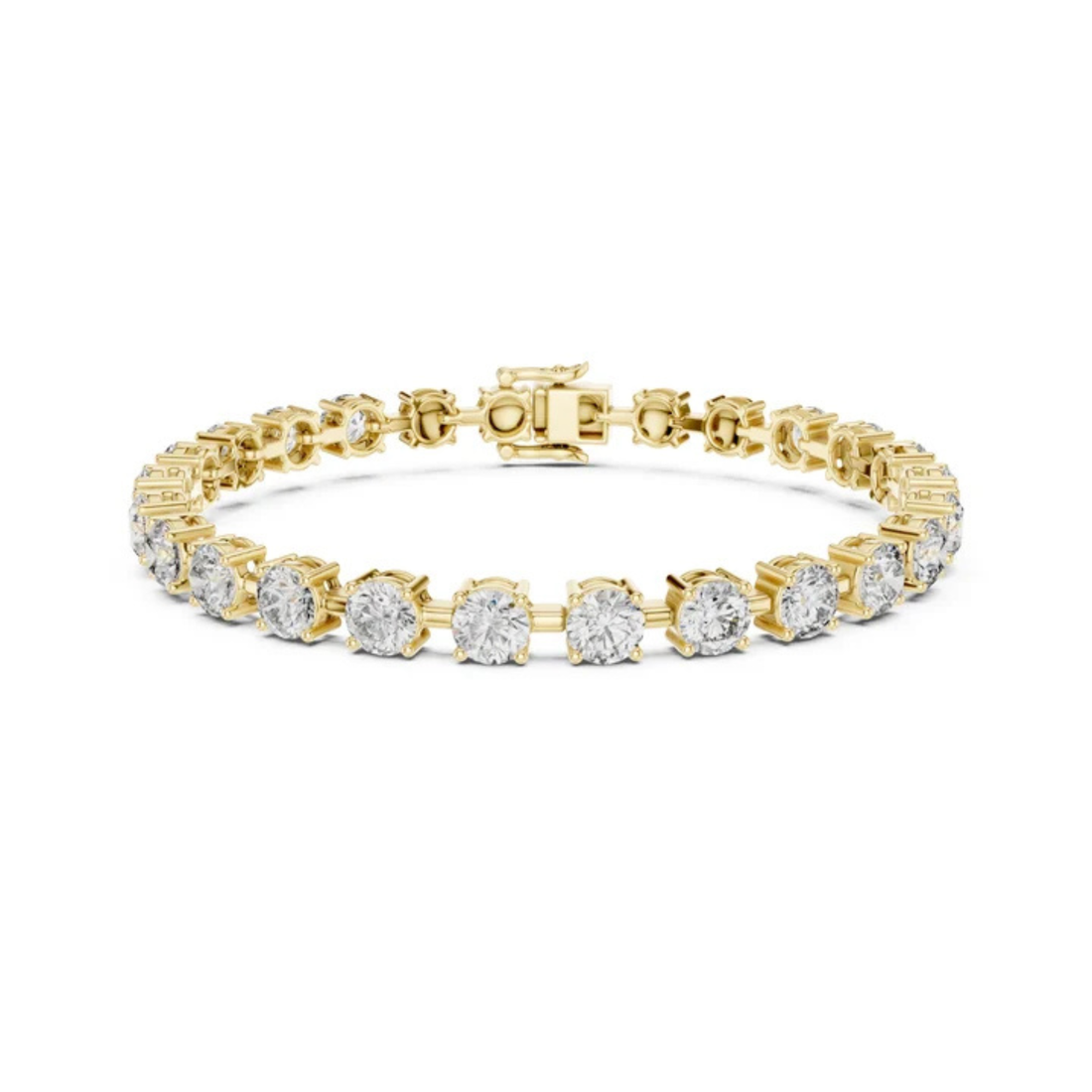 A yellow gold tennis bracelet featuring round-cut clear gemstones in a classic solitaire setting, displayed against a solid white background.