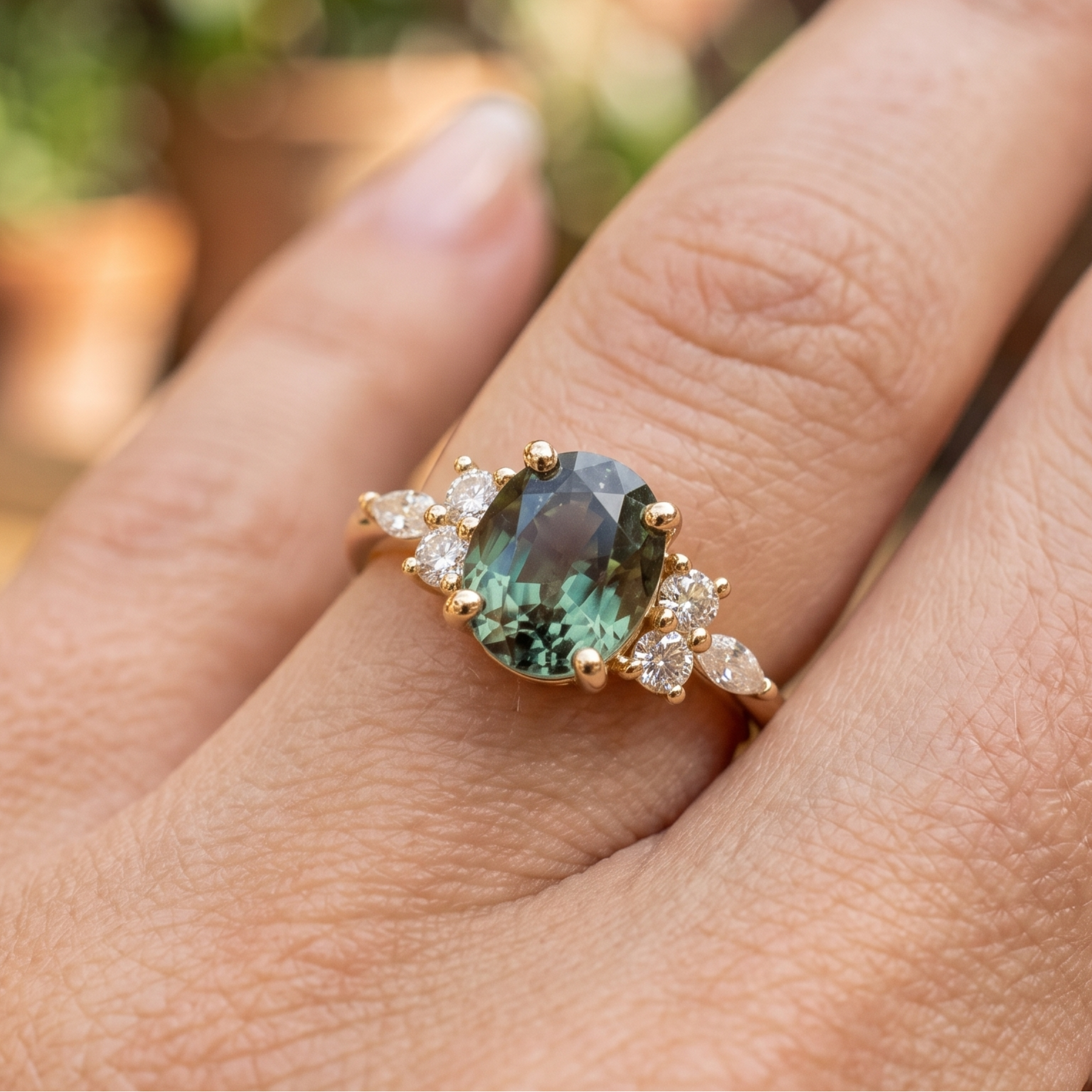 Kiashaa Jewellery 2.664 CTW green oval diamond ring in polished yellow gold.