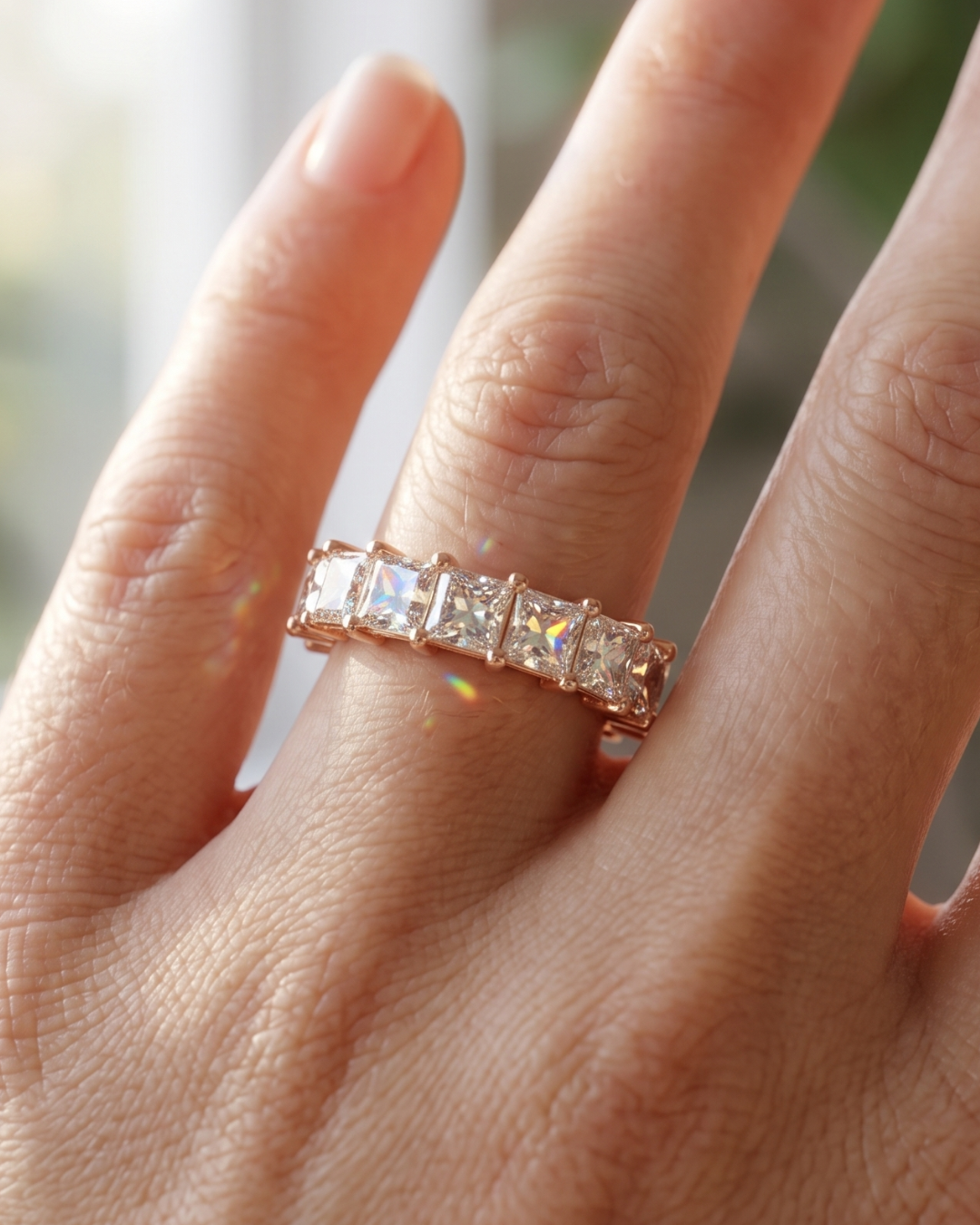 4 carat princess-cut lab-grown diamond eternity ring by Kiashaa Jewellery in rose gold with full-band sparkle.