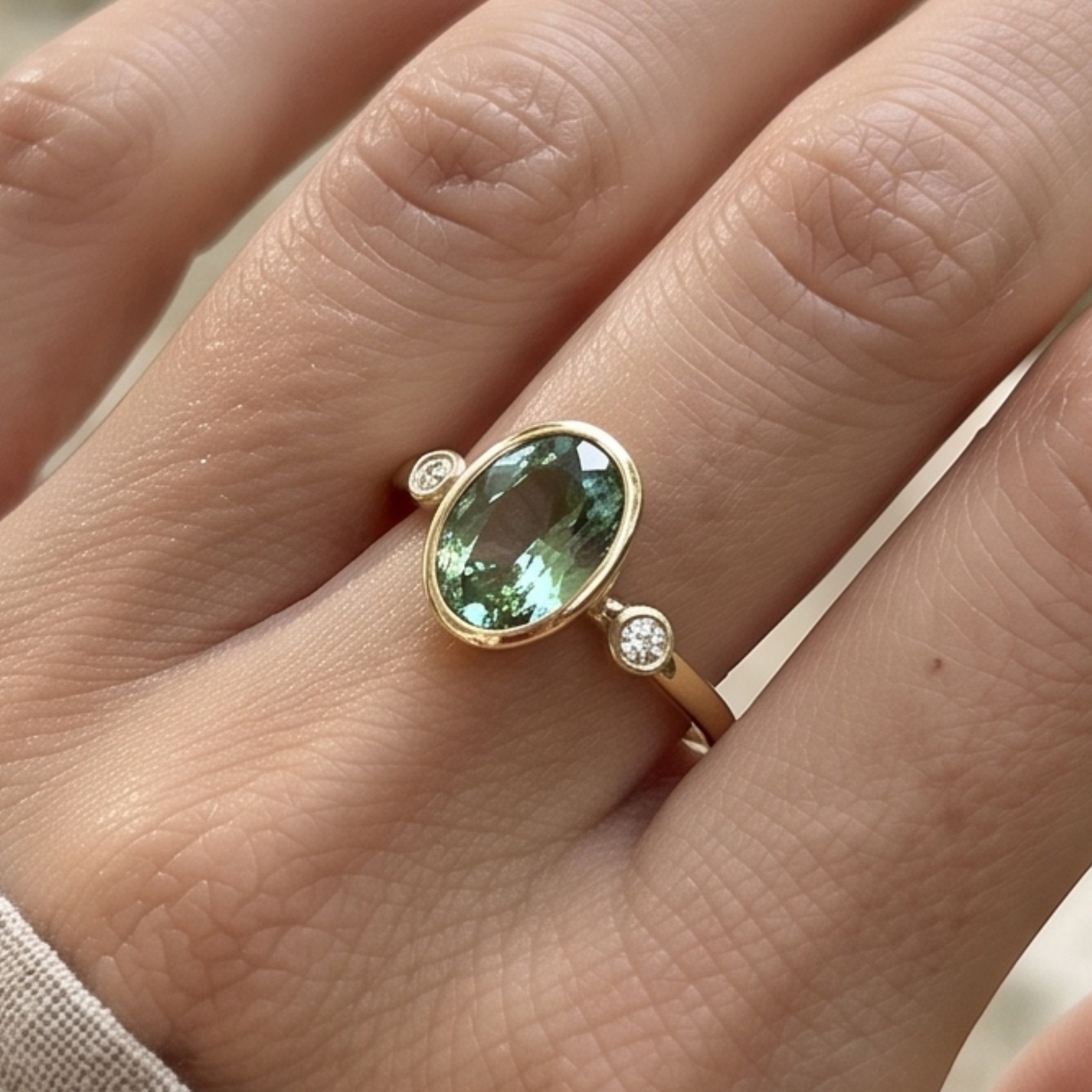 Front view of a 2 CT oval green gemstone three-stone bezel ring in yellow gold.