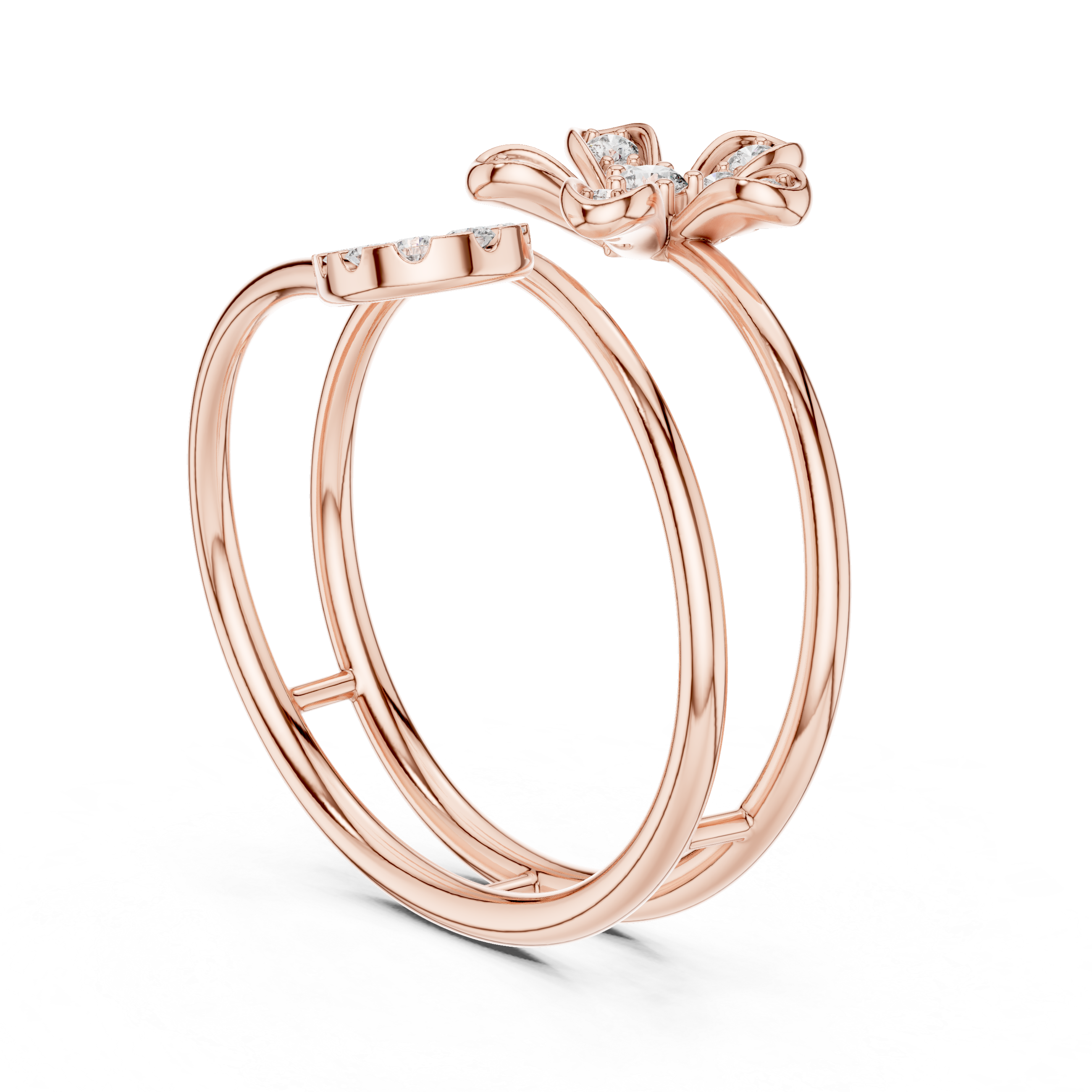 Rose Gold Twin Band Floral  Heart Diamond Ring